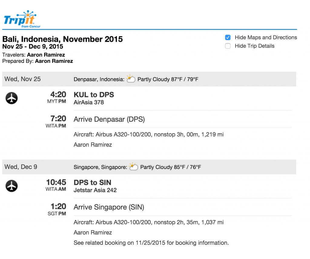 TripIt Itinerary Example