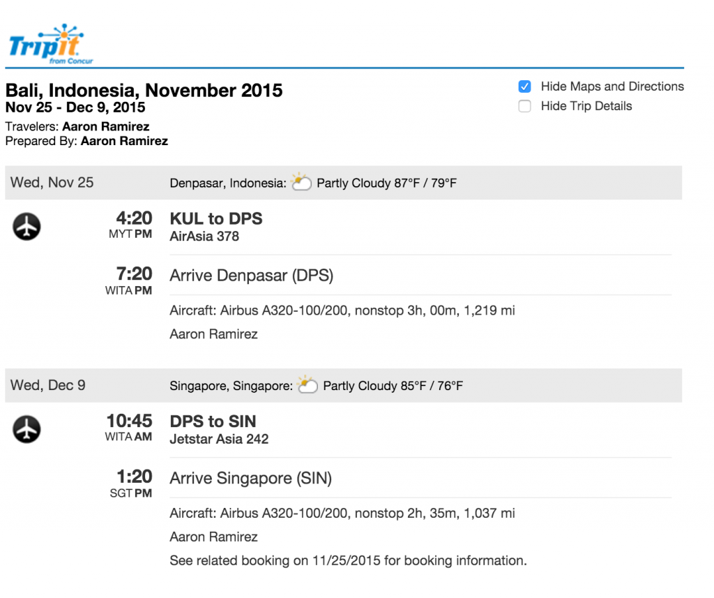 TripIt itinerary example