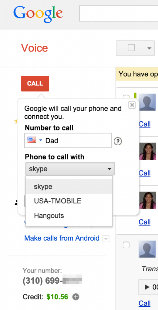 Initiating a Google Voice callback through the GV web app.